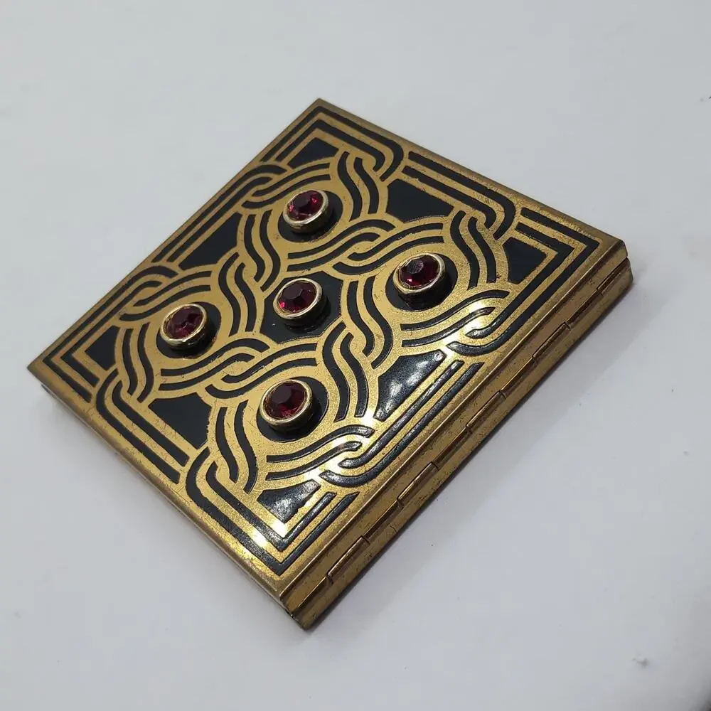 Vintage Volupte Compact Black Enamel Ruby Rhinestone Art Deco Powder Mirror